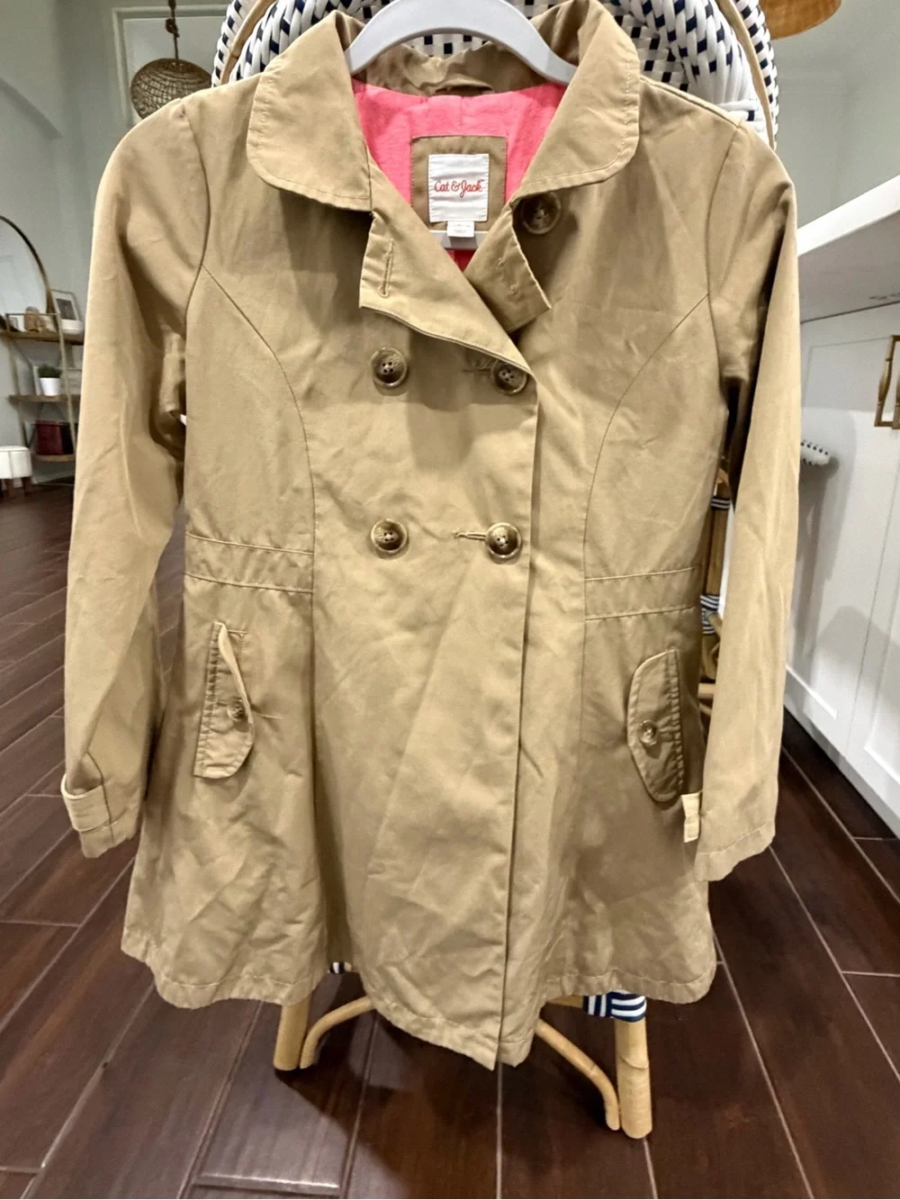 Cat & Jack Girls Khaki Trench Coat Jacket Tan Pink Lining Size L 10/12